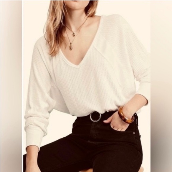 NWOT Free People- Santa Clara Thermal Long Sleeve V-Neck Top- Alabaster - Picture 2 of 5